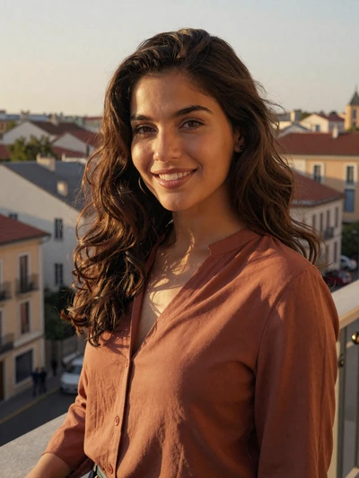 Adriana, 29-year-old Romanian woman from Bucharest smiling warmly on a sunlit balcony ready to meet her match