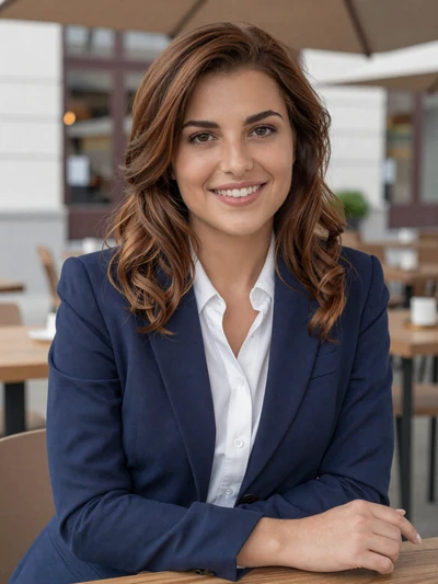 Cristina, a 29-year-old Moldovan woman with chestnut hair at a cafe terrace seeking an American partner