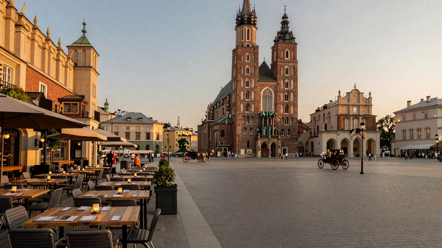Golden hour view of Krakow Main Market Square with historic architecture and outdoor cafes, representing the romantic atmosphere of a first Eastern European dating trip