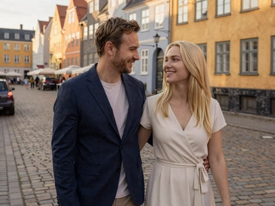 Jacob and Yana smiling together on a cobblestone street in Copenhagen after their wedding, a real Drogul success story