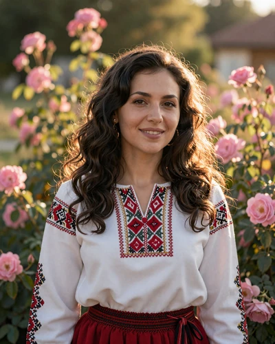 Bulgarian woman wearing a traditional embroidered folk blouse in a sunlit rose garden, showcasing the rich cultural heritage and natural beauty of Bulgarian women
