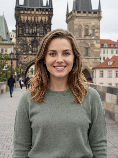 Milena, 26, Czech woman from Prague standing on a historic bridge with Gothic towers in the romantic background