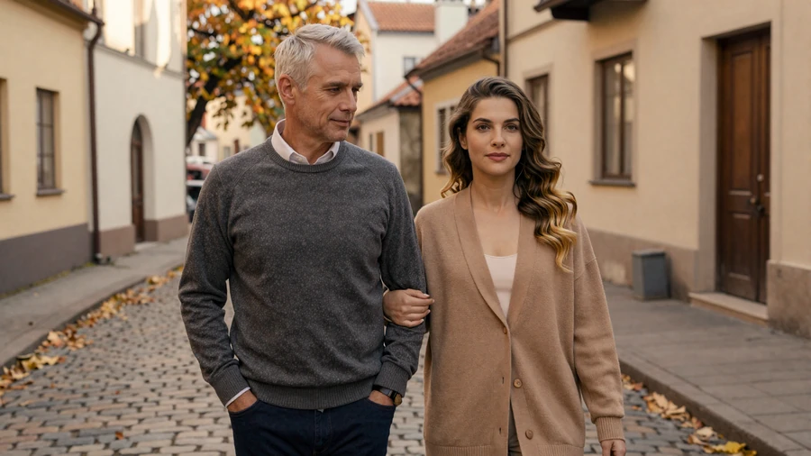 Mature Western man and younger Slavic woman walking arm in arm on a European cobblestone street during golden hour, representing happy age gap relationships
