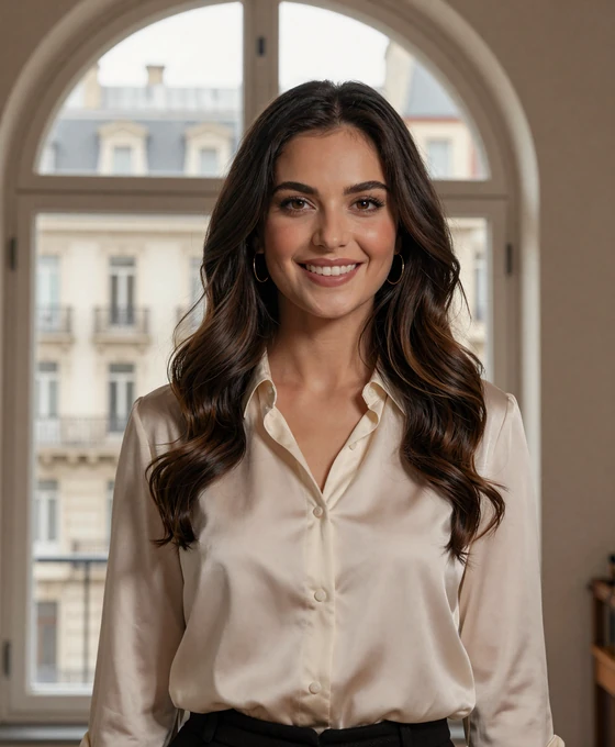 Beautiful Romanian woman from Bucharest smiling warmly by a window with elegant Belle Epoque architecture in background, representing verified Romanian brides on Drogul international dating platform
