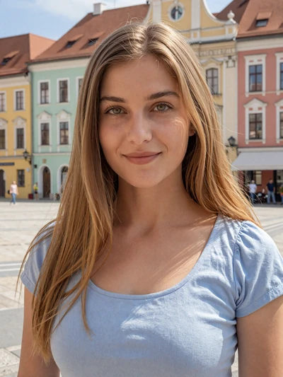 Tereza, a 26-year-old Czech woman in cream turtleneck near a Prague bookshop window