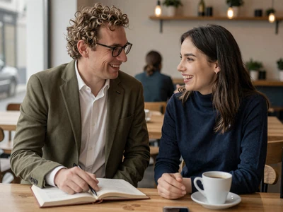 Ryan and Natalia sharing a laugh at a cozy cafe, a scientist and biologist matched through Drogul Slavic dating platform