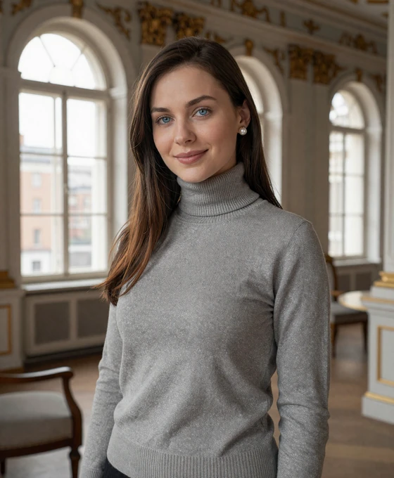 Elegant Russian woman from Saint Petersburg smiling confidently, representing verified Russian brides on Drogul international dating platform