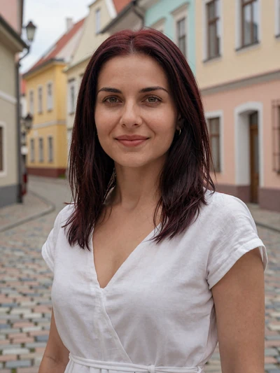 Tsvetana, 27, Bulgarian woman from Plovdiv posing in a charming old town alley excited for first meeting