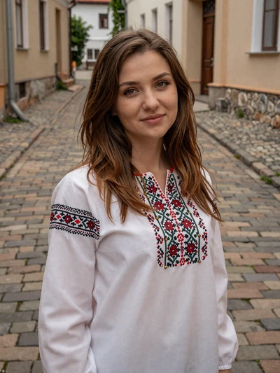 Daryna, a 27-year-old Ukrainian woman with embroidered blouse in historic Lviv alleyway