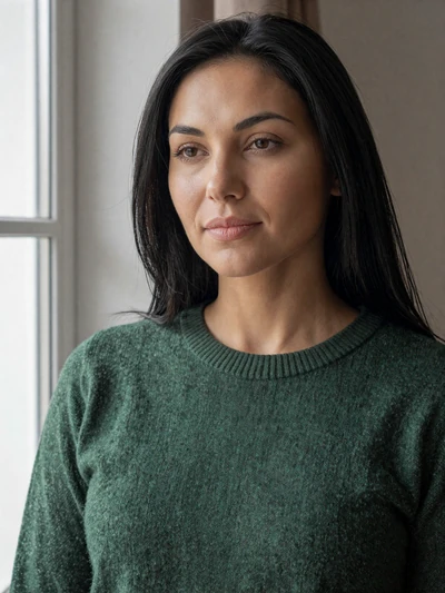Tatiana, a 31-year-old Moldovan woman with black hair in a green sweater ready for long-distance connection