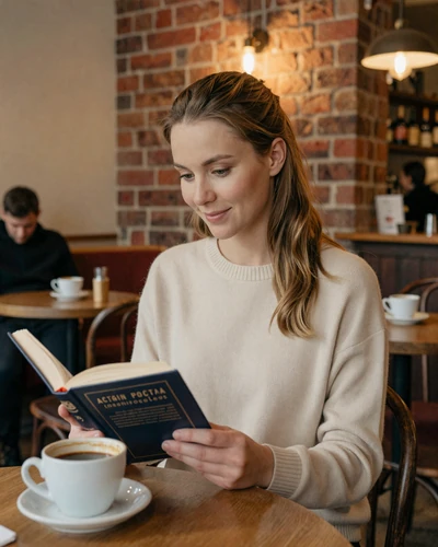 Czech woman reading a book in a charming Prague cafe, showing the intellectual sophistication and European lifestyle of Czech brides