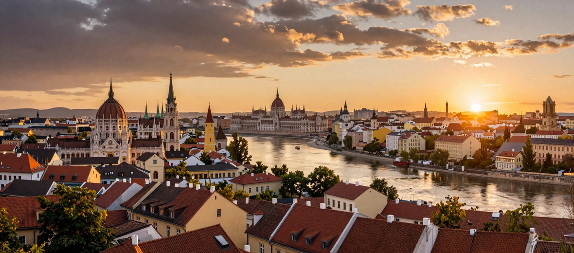 Eastern European city skyline at sunset representing international dating travel destinations