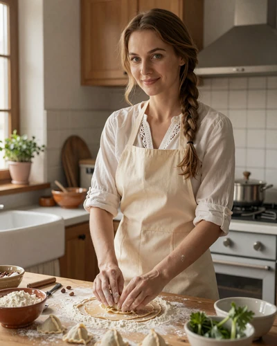 Polish woman preparing traditional pierogi dumplings in a warm sunlit kitchen, showcasing family-oriented Polish lifestyle and culinary traditions