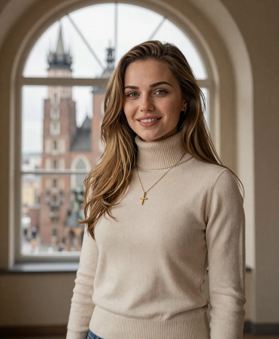 Beautiful Polish woman from Kraków smiling warmly by a window with historic Polish architecture in background, representing verified Polish brides on Drogul