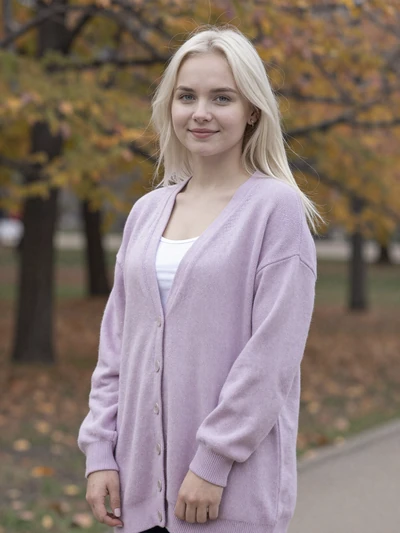 Svetlana, a 29-year-old Belarusian woman with platinum blonde hair in a park with autumn foliage