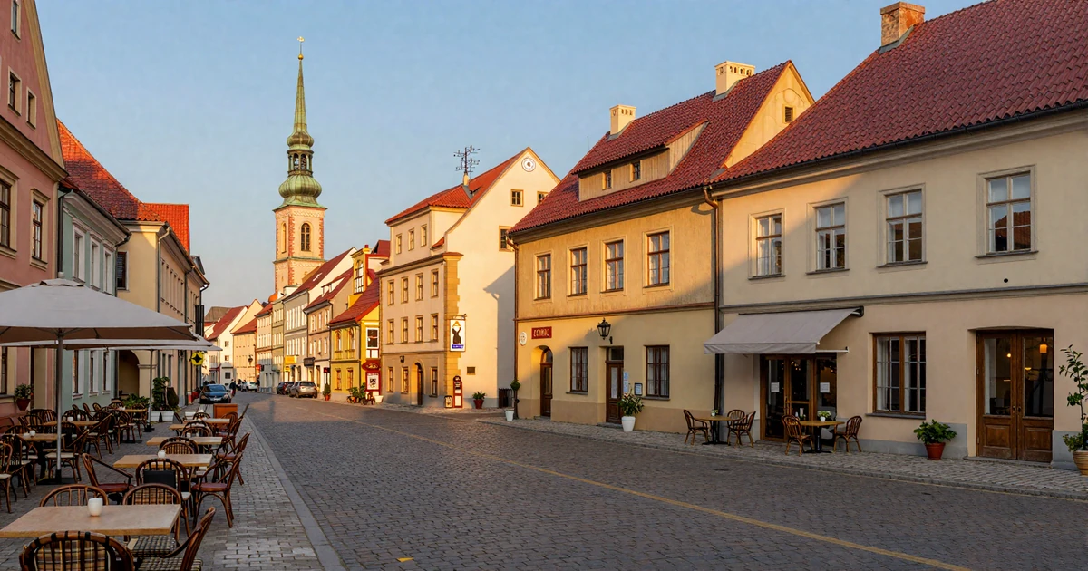 Scenic Eastern European town square with flower stalls and couples walking during a spring cultural festival