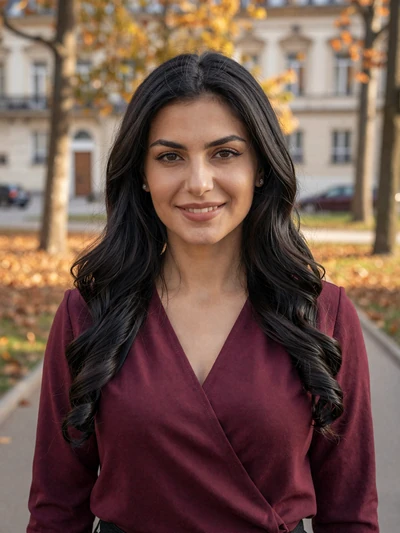 Elena, 33, Bulgarian woman from Sofia standing in an autumn park with golden light, ready for a genuine connection