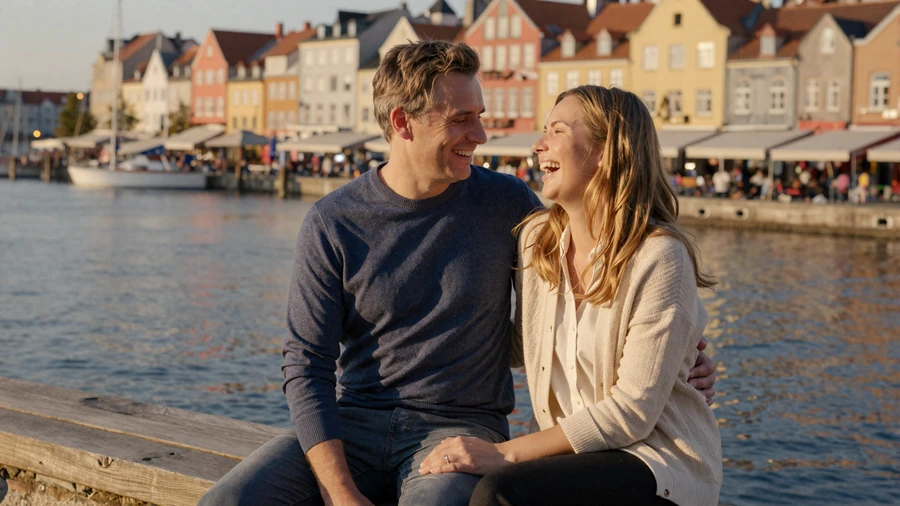 Happy international couple enjoying golden hour at a European harbor, representing real Slavic women marriage success stories