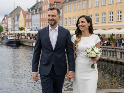 Jacob and Yana on their wedding day walking along a Copenhagen canal after meeting through Drogul Slavic dating
