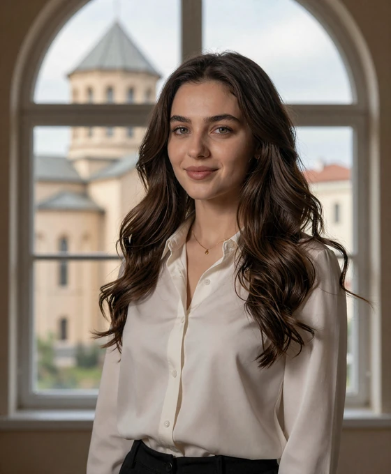 Beautiful Moldovan woman from Chișinău smiling warmly by a window with cathedral dome visible in background, representing verified Moldovan brides on Drogul international dating platform