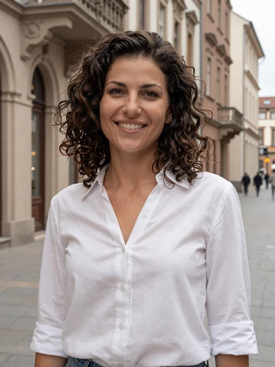 Lucia, a 30-year-old Moldovan woman with dark curly hair in a white blouse seeking an international partner