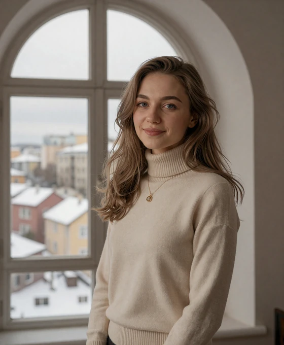 Beautiful Belarusian woman from Minsk smiling warmly by a window with winter cityscape visible, representing verified Belarusian brides on Drogul international dating platform