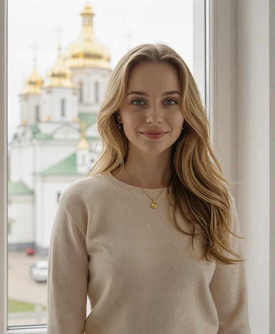 Beautiful Ukrainian woman from Kyiv smiling warmly, representing verified Ukrainian brides on Drogul international dating platform