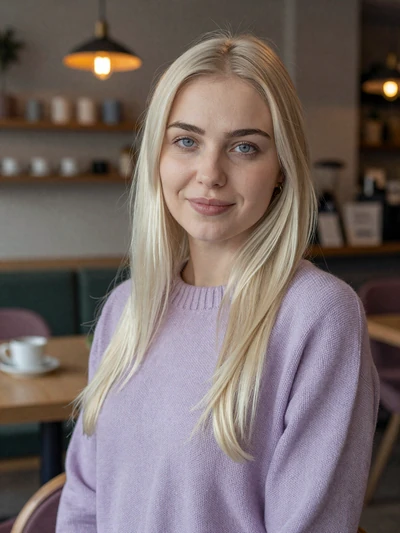 Daryna, a 27-year-old Belarusian woman with platinum blonde hair in a lavender sweater, available for long-distance dating