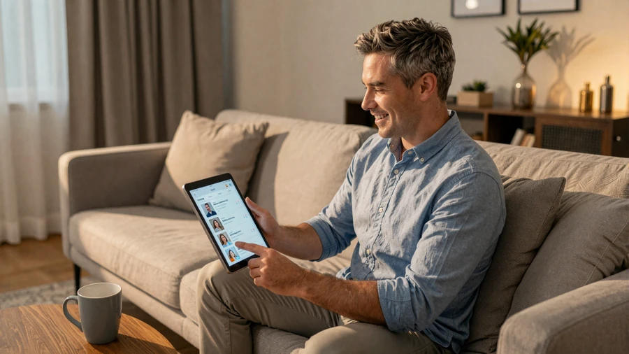 Western man comfortably browsing Slavic women dating profiles on a tablet in his living room, representing the modern online dating experience
