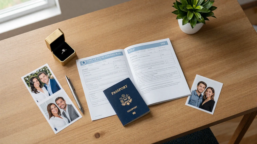 Flat-lay of American passport, USCIS immigration forms, engagement ring, and couple photos on a wooden desk representing the K-1 fiancé visa process for Slavic brides