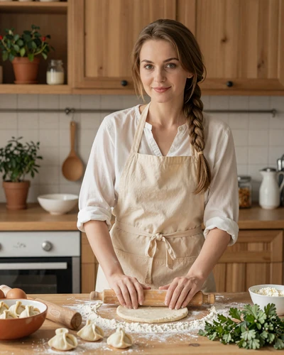 Ukrainian woman preparing traditional varenyky dumplings in a warm sunlit kitchen, showing family-oriented lifestyle