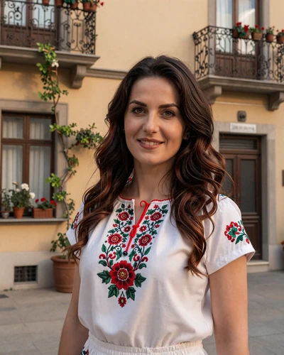 Hungarian woman wearing a traditional embroidered blouse in a sunlit Budapest courtyard, showcasing the rich Magyar cultural heritage and natural beauty of Hungarian women