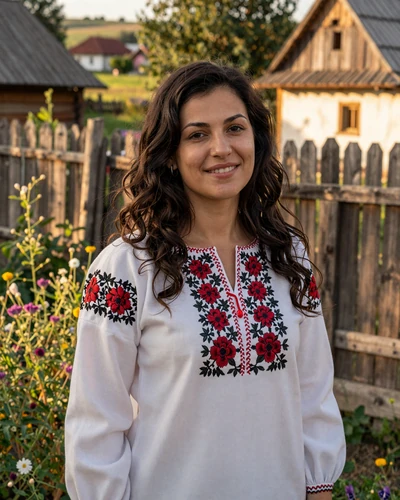 Romanian woman wearing a traditional embroidered ie blouse in a sunlit countryside garden, showcasing the rich cultural heritage and natural beauty of Romanian women