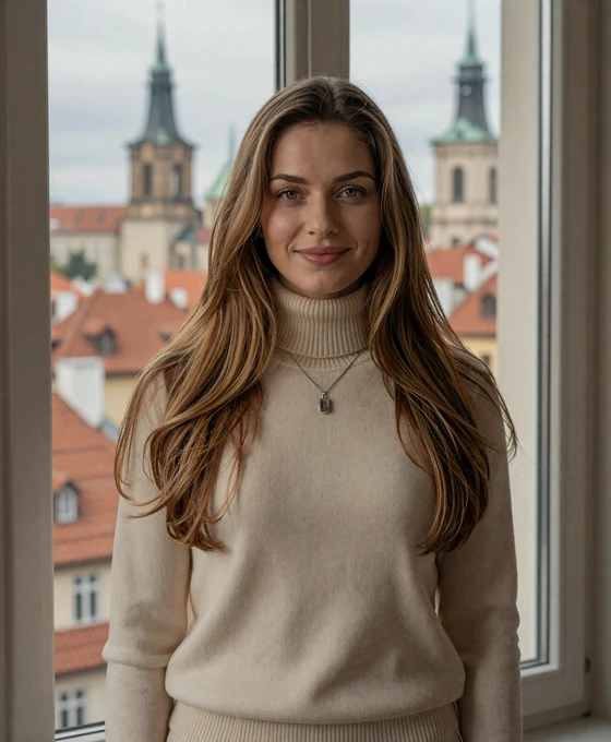 Beautiful Czech woman from Prague smiling warmly by a window with historic Prague rooftops in the background, representing verified Czech brides on Drogul international dating platform