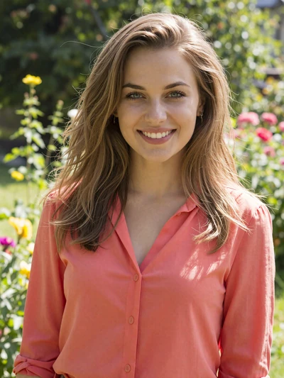 Yana, a 26-year-old Belarusian woman with light brown hair smiling in a garden open to video dating