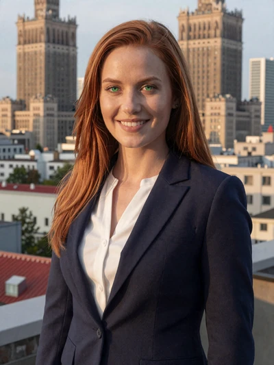 Hanna, 30-year-old Polish woman from Warsaw on a city rooftop at golden hour ready to meet her future partner