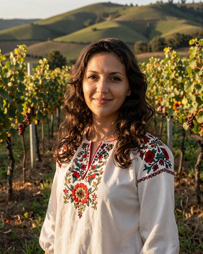 Moldovan woman wearing a traditional embroidered blouse standing in a sunlit vineyard, showcasing the rich winemaking heritage and natural beauty of Moldovan women